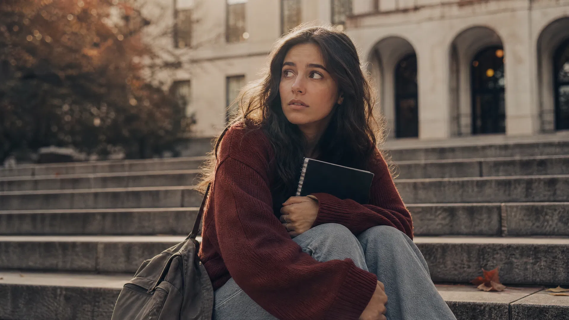 Estudante universitária ansiosa sentada nos degraus do campus com mochila e caderno