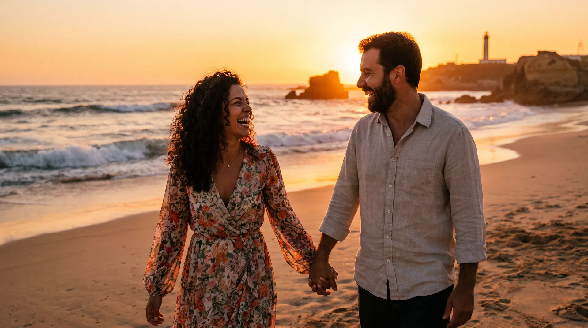 Casal feliz a passear de mãos dadas na praia ao pôr do sol