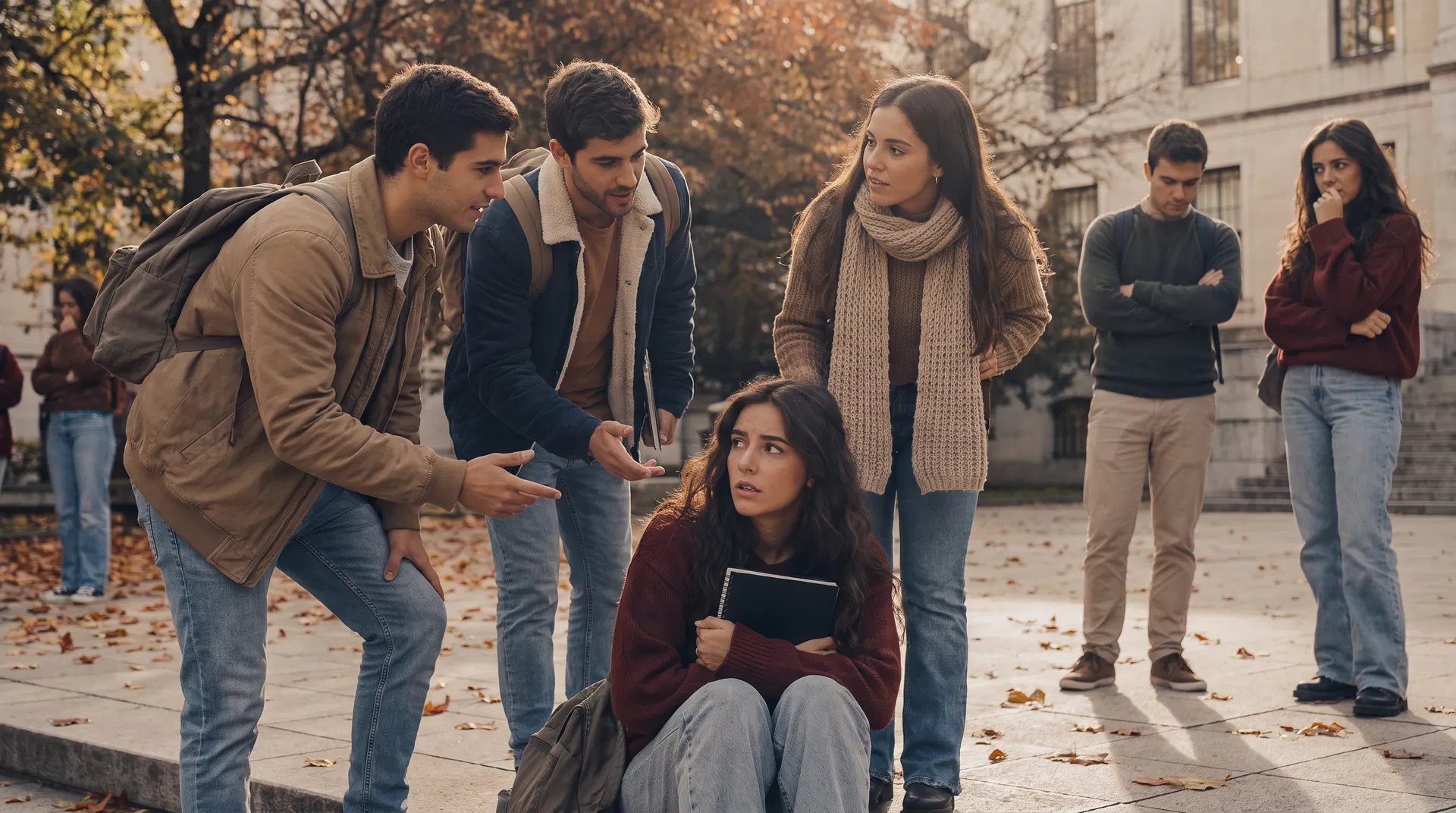 Grupo de estudantes universitários no campus com dinâmica de pressão social visível