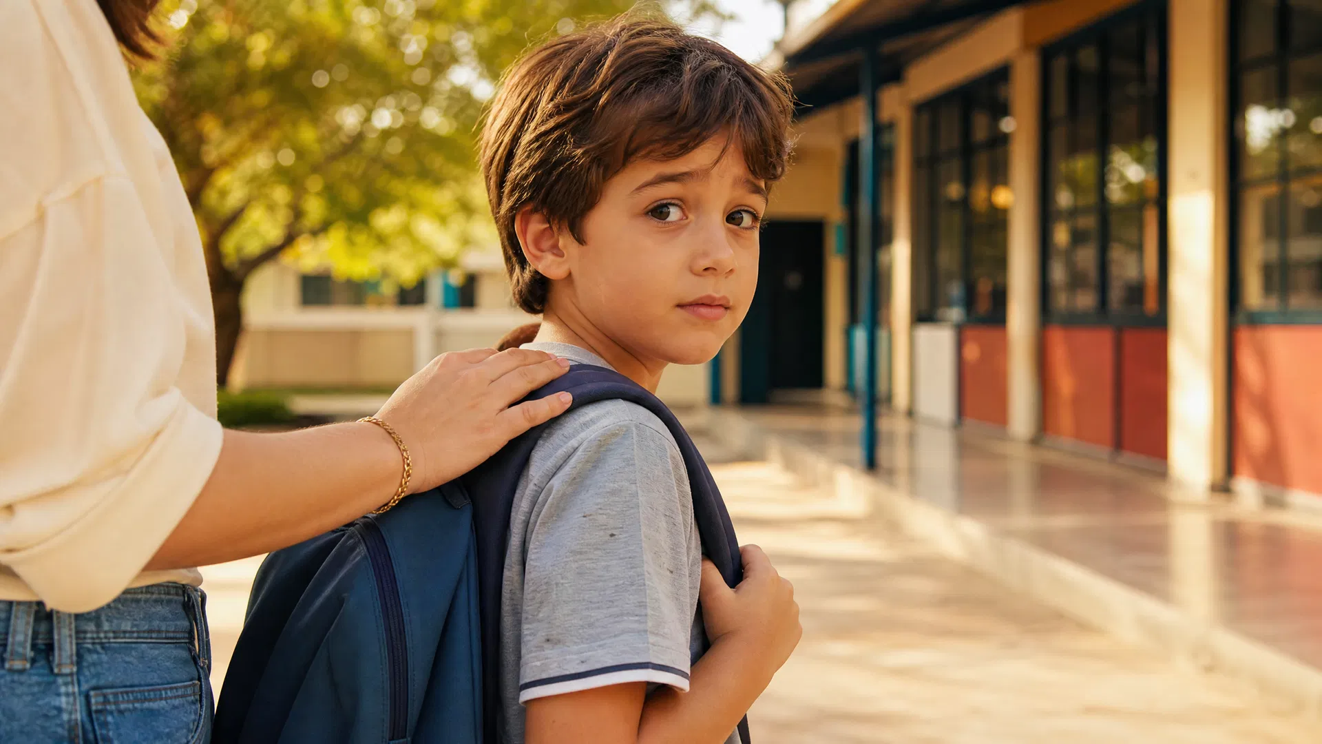 Criança com mochila escolar na entrada da escola com a mão do pai no ombro