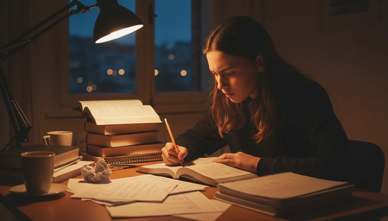 Estudante a estudar intensamente à secretária com livros e apontamentos à noite
