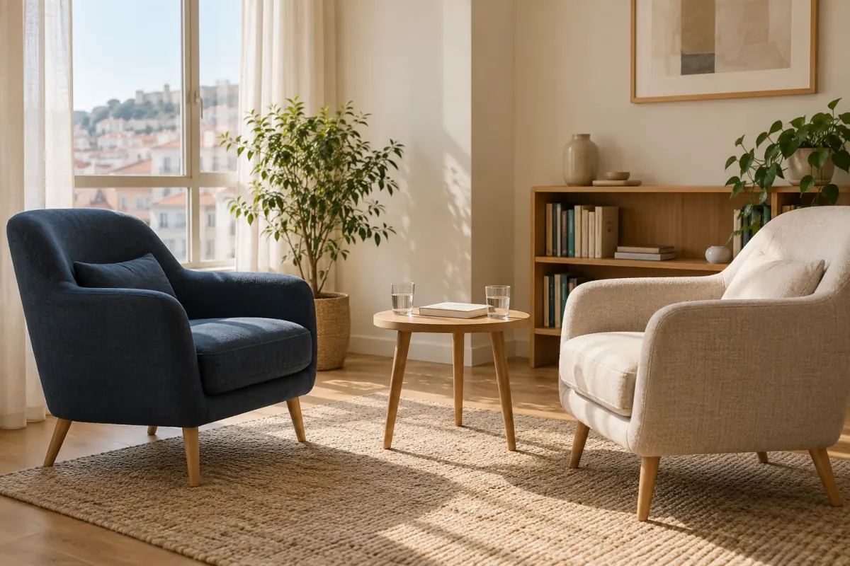 Sala de consulta da Clínica da Mente, com duas poltronas junto a uma janela com vista sobre Lisboa