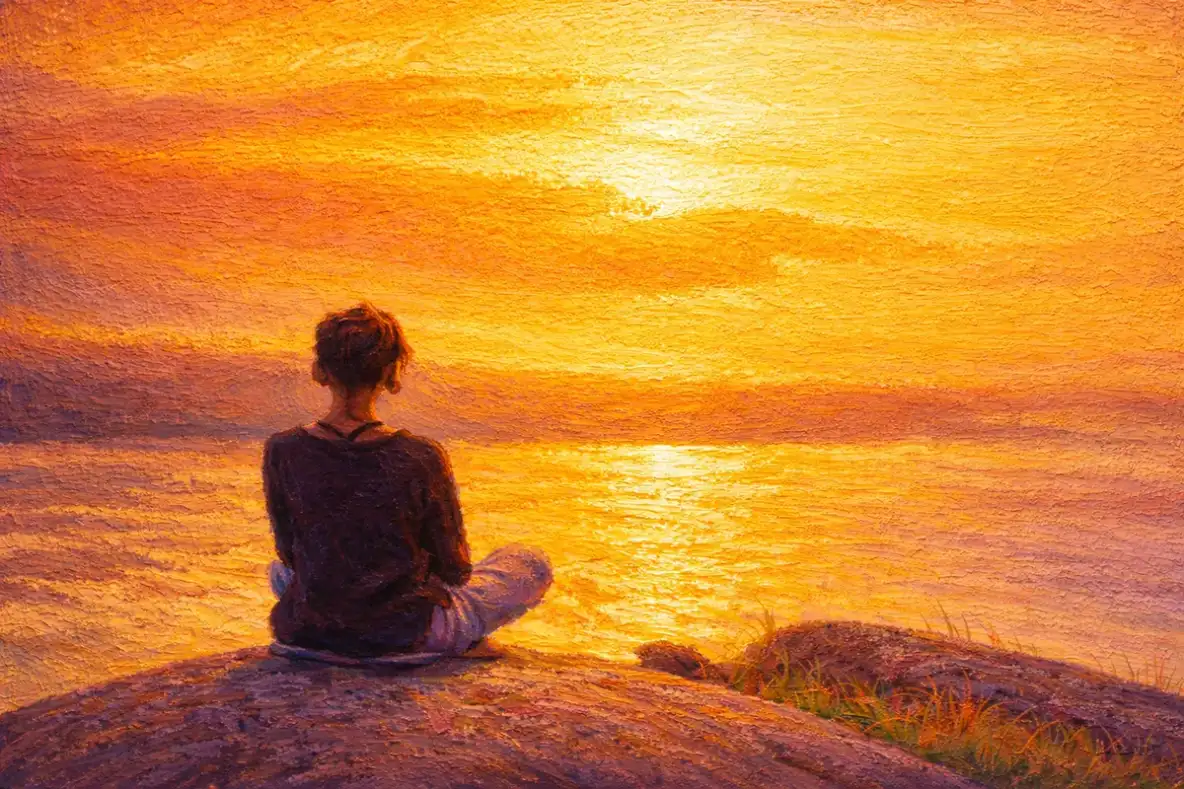 Figura em meditação contemplando o pôr do sol — pintura a óleo